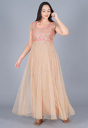 Embroidered Net Abaya Style Suit in Baby Pink and Beige