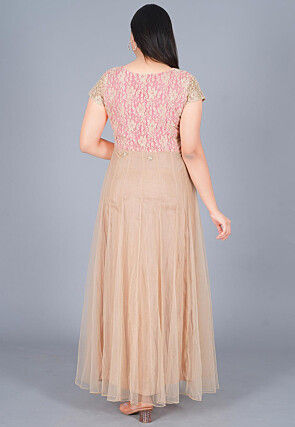 Embroidered Net Abaya Style Suit in Baby Pink and Beige