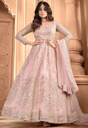 Embroidered Net Abaya Style Suit in Baby Pink