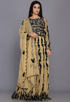 Embroidered Net Abaya Style Suit in Beige