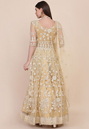 Embroidered Net Abaya Style Suit in Beige
