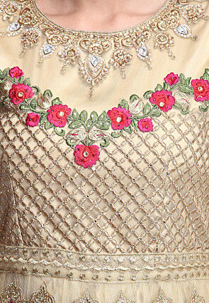 Embroidered Net Abaya Style Suit in Beige