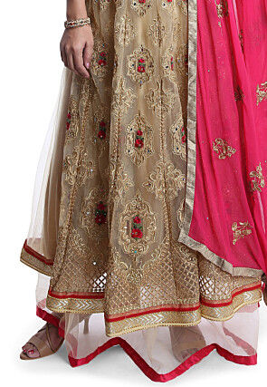 Embroidered Net Abaya Style Suit in Beige