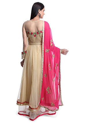 Embroidered Net Abaya Style Suit in Beige