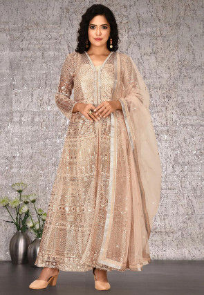 Embroidered Net Abaya Style Suit in Beige
