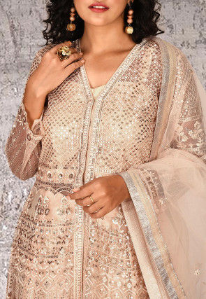 Embroidered Net Abaya Style Suit in Beige