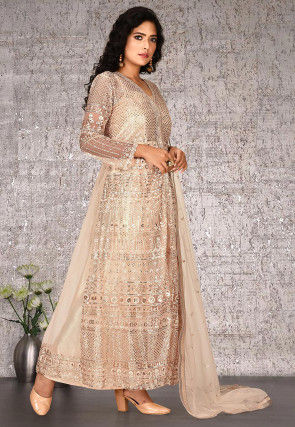 Embroidered Net Abaya Style Suit in Beige