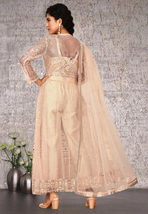 Embroidered Net Abaya Style Suit in Beige