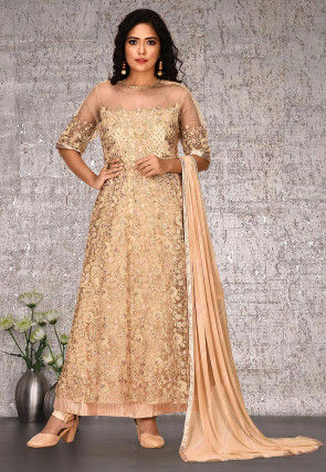 Embroidered Net Abaya Style Suit in Beige