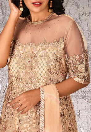 Embroidered Net Abaya Style Suit in Beige