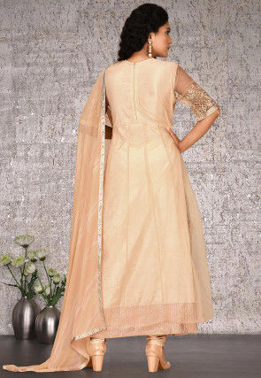 Embroidered Net Abaya Style Suit in Beige