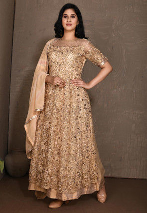 Embroidered Net Abaya Style Suit in Beige