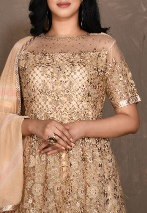 Embroidered Net Abaya Style Suit in Beige