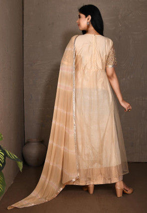 Embroidered Net Abaya Style Suit in Beige