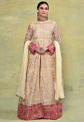 Embroidered Net Abaya Style Suit in Beige