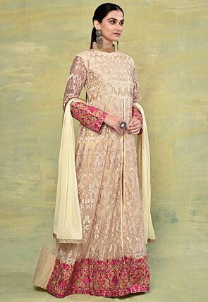 Embroidered Net Abaya Style Suit in Beige