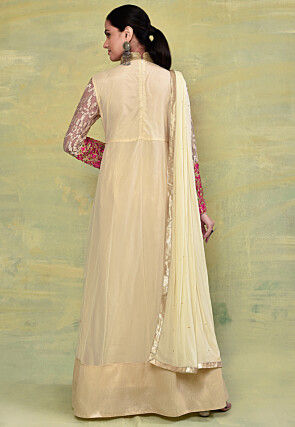 Embroidered Net Abaya Style Suit in Beige