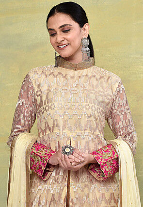 Embroidered Net Abaya Style Suit in Beige