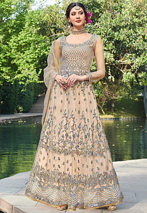 Embroidered Net Abaya Style Suit in Beige