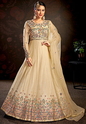 Embroidered Net Abaya Style Suit in Beige