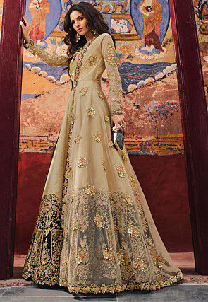 Embroidered Net Abaya Style Suit in Beige
