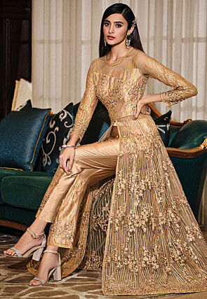 Embroidered Net Abaya Style Suit in Beige