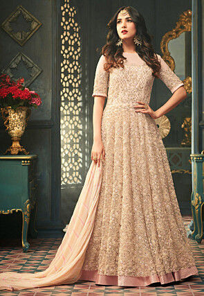 Embroidered Net Abaya Style Suit in Beige