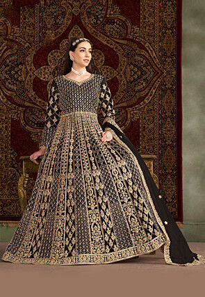 Embroidered Net Abaya Style Suit in Black