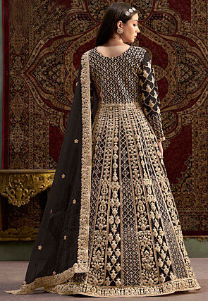 Embroidered Net Abaya Style Suit in Black