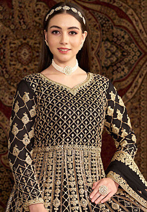 Embroidered Net Abaya Style Suit in Black