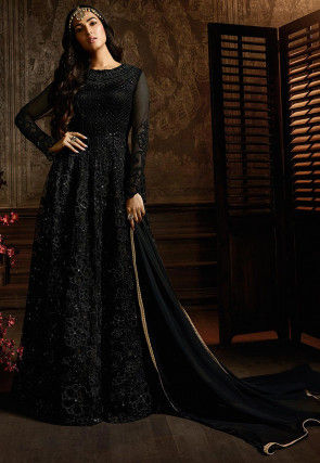 Embroidered Net Abaya Style Suit in Black