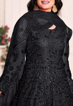 Embroidered Net Abaya Style Suit in Black