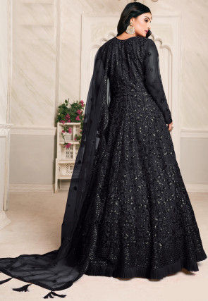 Embroidered Net Abaya Style Suit in Black