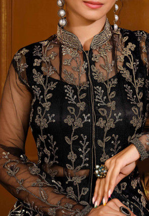Embroidered Net Abaya Style Suit in Black