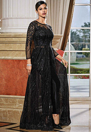 Embroidered Net Abaya Style Suit in Black