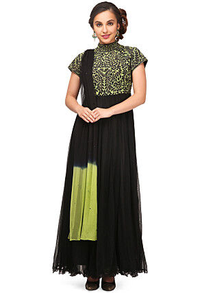 Embroidered Net and Satin Abaya Style Suit in Black