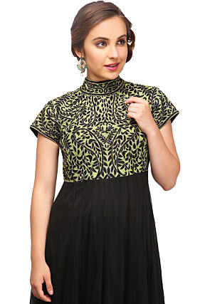 Embroidered Net and Satin Abaya Style Suit in Black