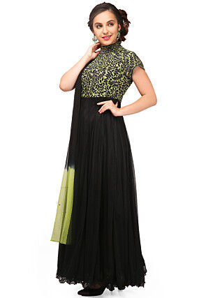 Embroidered Net and Satin Abaya Style Suit in Black