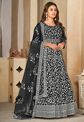Embroidered Net Abaya Style Suit in Black