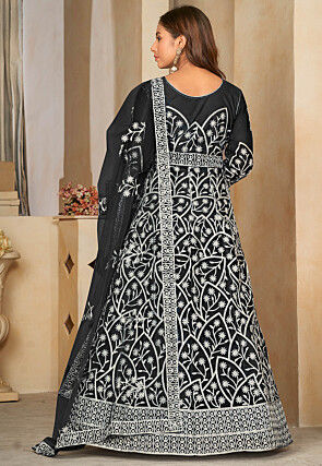 Embroidered Net Abaya Style Suit in Black