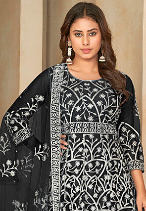 Embroidered Net Abaya Style Suit in Black
