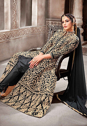 Embroidered Net Abaya Style Suit in Black