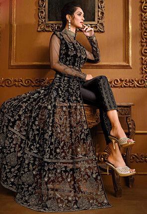 Embroidered Net Abaya Style Suit in Black