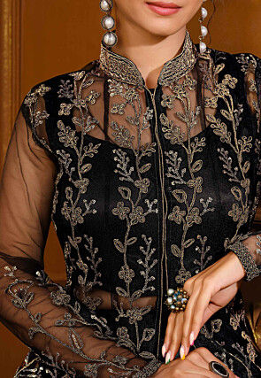 Embroidered Net Abaya Style Suit in Black