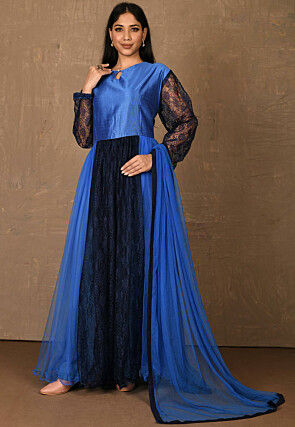 Embroidered Net Abaya Style Suit in Blue