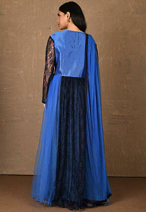Embroidered Net Abaya Style Suit in Blue
