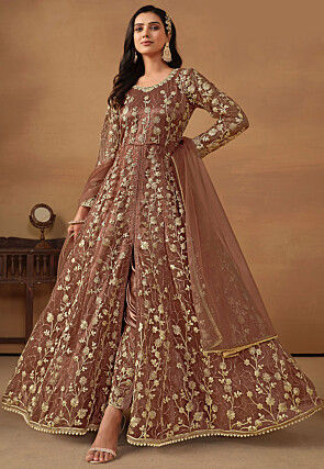Embroidered Net Abaya Style Suit in Brown