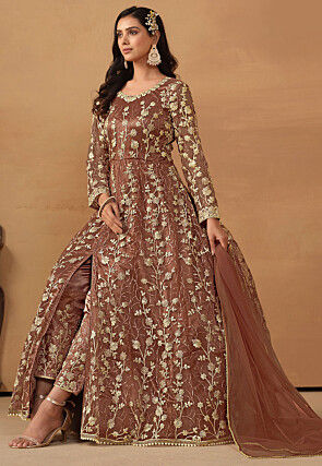 Embroidered Net Abaya Style Suit in Brown