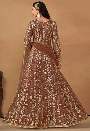 Embroidered Net Abaya Style Suit in Brown
