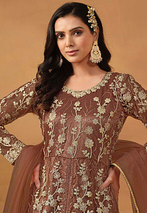 Embroidered Net Abaya Style Suit in Brown